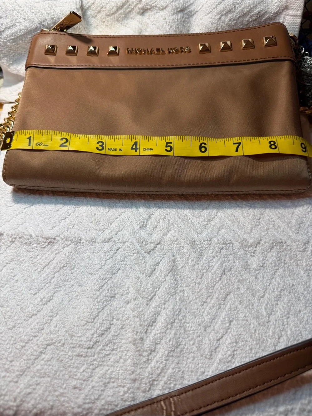 Michael Kors Tan Studded Nylon Crossbody with Gold Studs